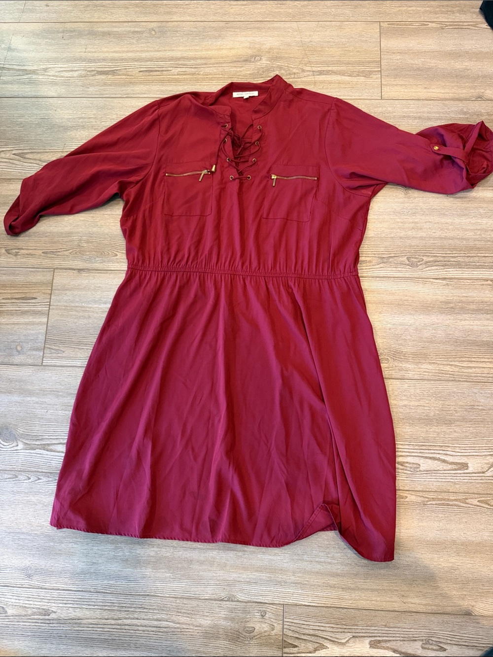 Speed Control Burgundy Lace-Up Waistband Long Sleeve Dress